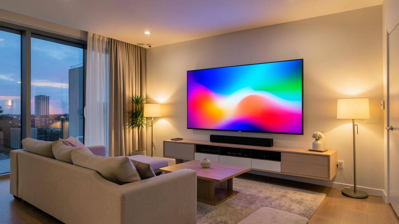 Home theater setup with a large TV and soundbar